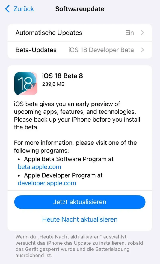 赣榆苹果手机维修分享苹果 iOS / iPadOS 18 开发者预览版 Beta 8 发布 